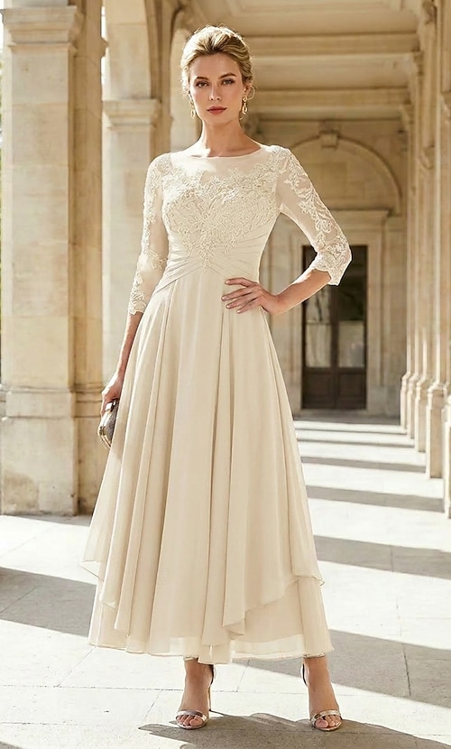 A-Line Ankle Length Party Dress Cocktail Dress Wedding Guest Dress Mother of the Bride Dress 3/4 Length Sleeve Jewel Neck Elegant Plus Size Wedding Guest Wedding Party Chiffon Lace with Ruched Sequin