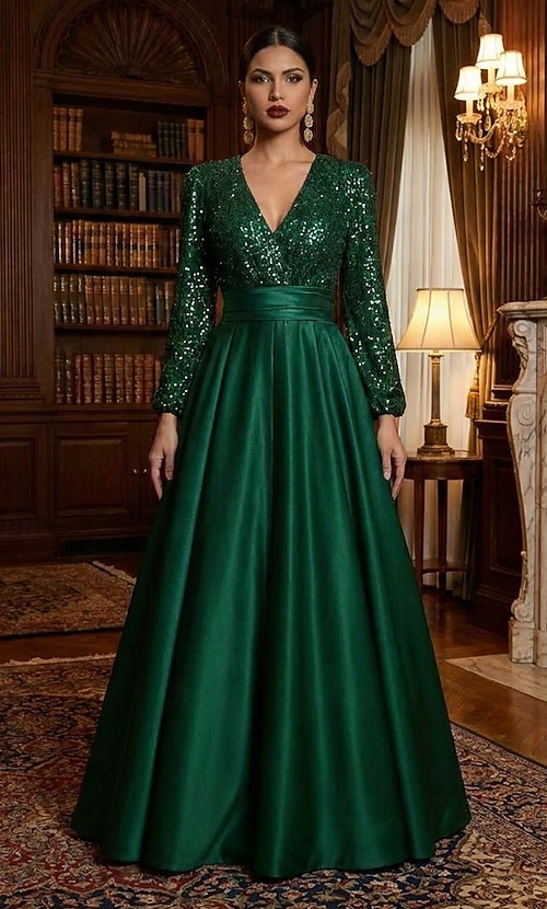 dark green formal dress for wedding A-Line Floor Length Evening Gown Ball Gown Elegant Glittering Silky Long Sleeve V Neck Formal Pocket Satin Sequined with Glitter Pleats Pocket 2026 Color:Black/White Squiggle HOW MUCH DID JARVIS' Overskirt The shoulder From handmade and custom