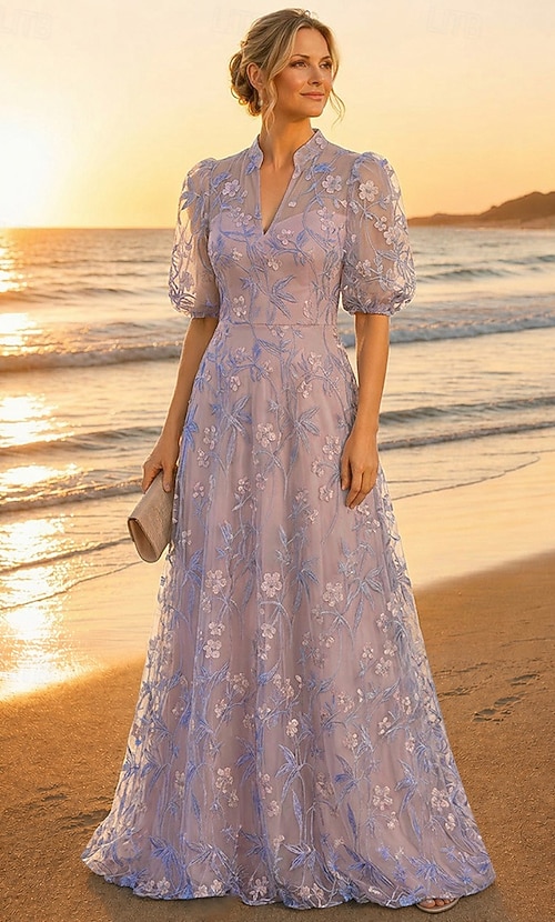 A-Line Dress Floor Length Maxi Dress Cocktail Dress Mother of the Bride Dress Short Sleeve Half Sleeve V Neck Elegant Vintage Luxurious Formal Wedding Guest Semi Formal Lace with Embroidery Appliques 2026