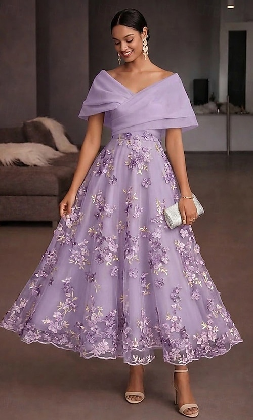 off-shoulder cowl-back a-line mini dress in dusty lilac Ankle Length Cocktail Dresses Elegant Vintage Floral Short Sleeve Off Shoulder Garden Party Wedding Organza Tulle Cowl Back with Floral Print Embroidered Flower Pleats 2026 My Height is:Petite (5'1