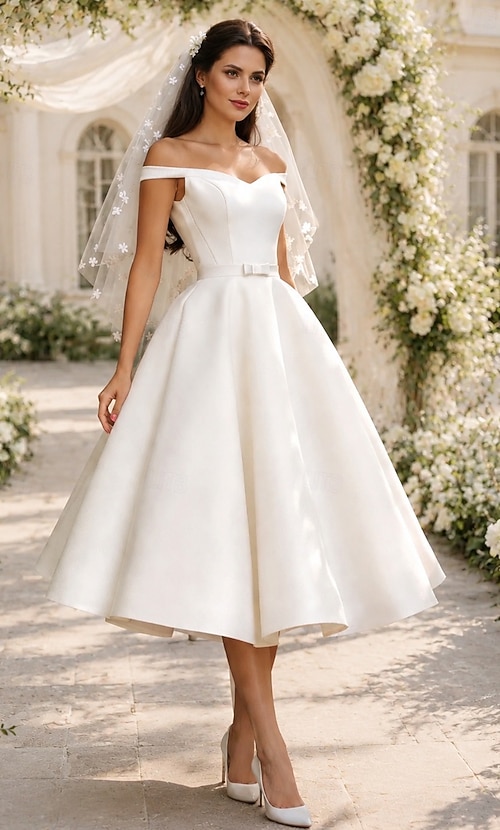 sleeveless off the shoulder women's short white wedding dresses Elegant Tea-Length Simple Dress UQW002 – Uniquedresss the Zephyr Off Verona Off-Shoulder Lace Overlay Mini