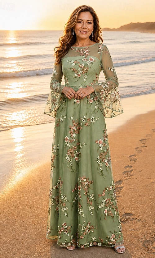 bohemian mother of the bride dresses for beach wedding A-Line Dress Floor Length Dress Long Sleeve Boat Neck Elegant Simple Floral Formal Wedding Guest Lace with Embroidery Appliques Flower 2026 beach wedding mother of the bride tropical dresses