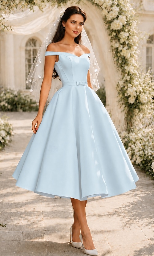 A-Line Tea Length Little White Dress Cocktail Dresses Wedding Dresses Bridal Shower Dresses 1950s Minimalist Little White Dresses Sleeveless Off Shoulder Wedding Guest Graduation Fall Wedding 2026