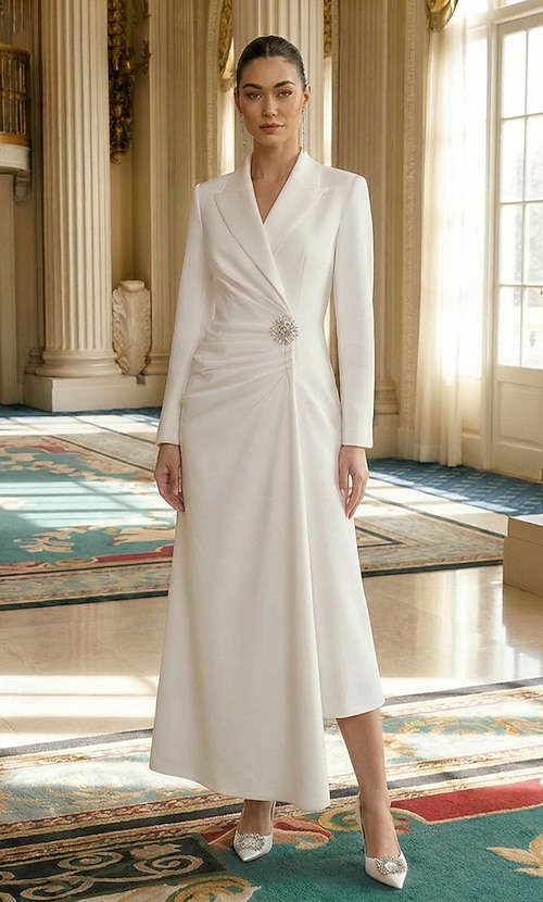 Women's Tuxedo Dress A-Line Formal Wedding Guest Satin Elegant Long Sleeve Floor Length Peak Lapel 2026