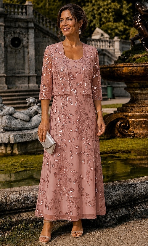 ankle length dress with jacket Two Piece A-Line Mother of the Bride 3/4 Length Sleeve Scoop Neck Elegant Simple Luxurious Formal Wedding Guest Lace Dresses Beading Sequin 2026 jackets to wear with dresses formal