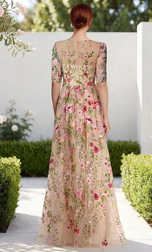embroidered dress formal A-Line Floor Length Wedding Guest Dress Dresses Evening Gown Mother of the Bride Dress Half Sleeve Illusion Neck Elegant Vintage Formal Tulle with Embroidery Appliques Flower 2026 embroidered dress
