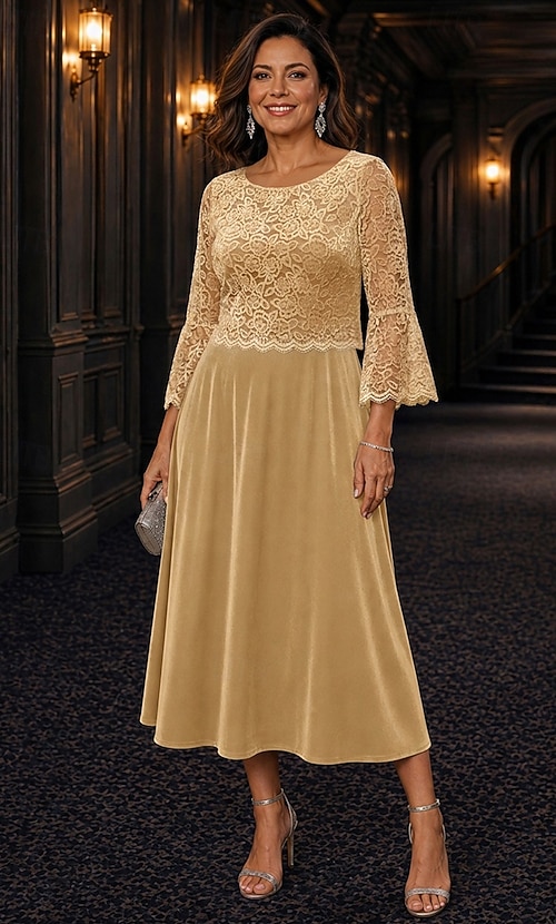 A-Line Tea Length Mother of the Bride Dress 3/4 Length Sleeve Scoop Neck Elegant Vintage Simple Formal Wedding Guest Wedding Party Velvet with Lace Appliques 2026