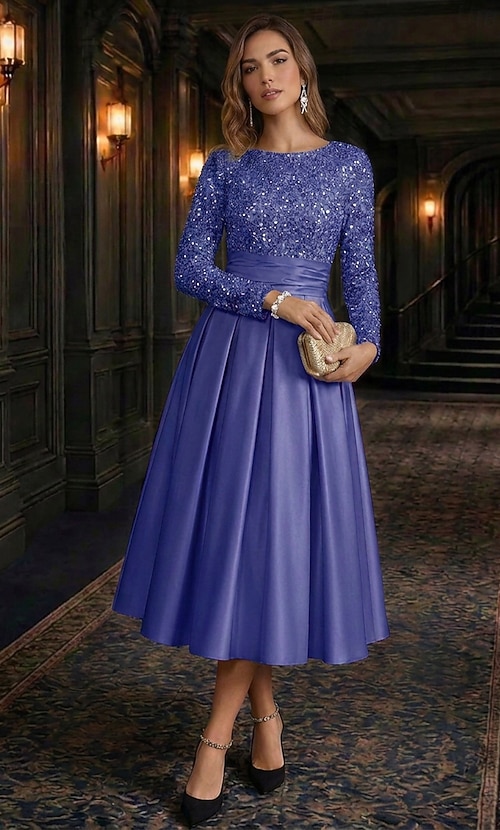 long sleeve tea length formal dresses A-Line Cocktail Party Dresses Elegant Sparkle Crew Neck Christmas Wedding Guest Satin Velvet with Pleats Sequin 2026 ProductID: 117654