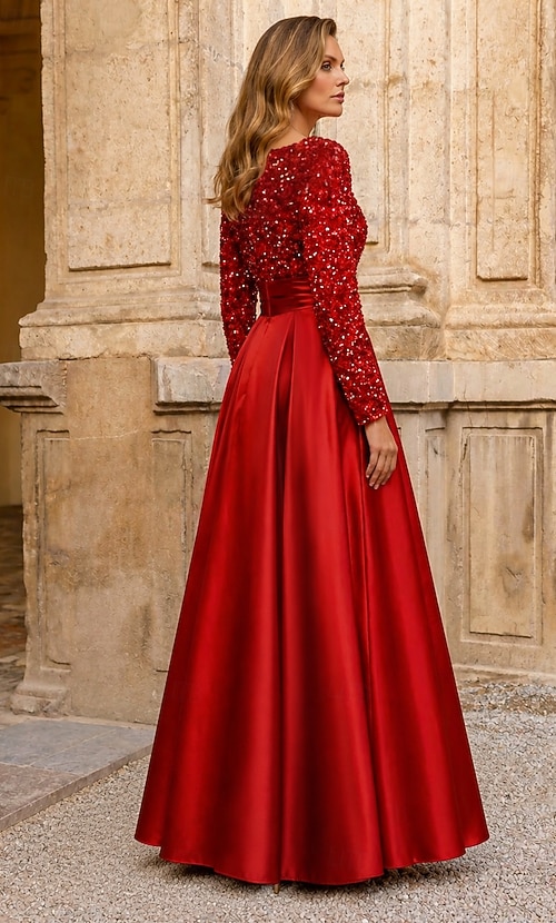 long sleeve formal evening party dress product info and reviews A-Line Court Train Floor Length Gown Ball Gown Elegant Sparkle & Shine High Neck Evening Christmas Fall Wedding Guest Satin Sequined with Sequin 2026 size_XXL