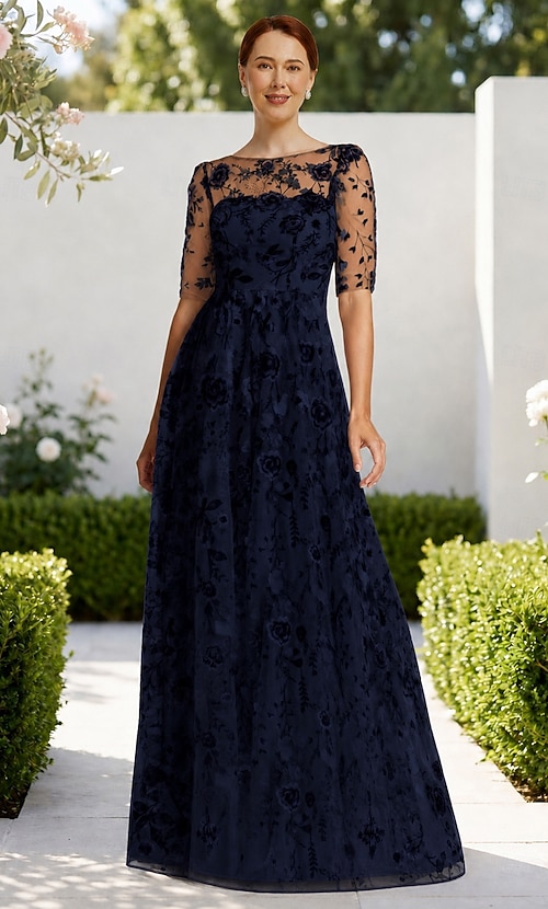 formal a line dresses with sleeves A-Line Dress Floor Length Wedding Guest Dress Evening Gown Mother of the Bride Dress Half Sleeve Illusion Neck Elegant Vintage Formal Tulle Embroidery Appliques Flower 2026 Hollow to hem 147cm).