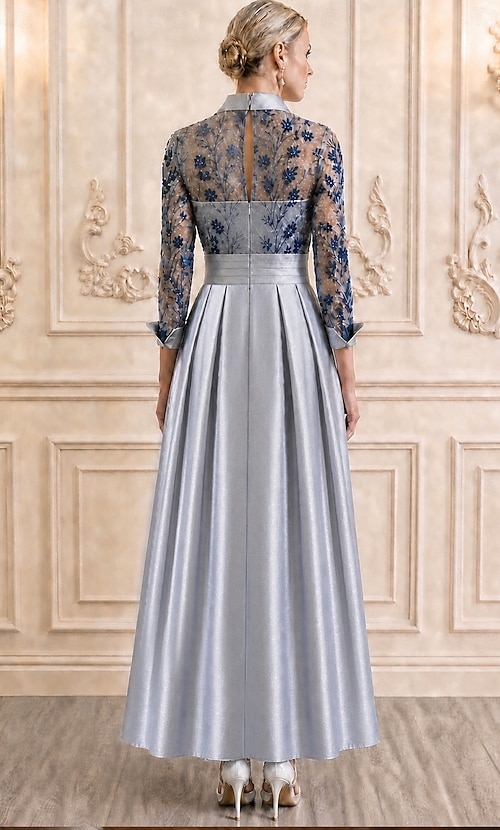 A-Line Ankle Length Beaded Eembroidered Wedding Guest Dress Formal Dresses Mother of the Bride Dress Long Sleeve Shirt Collar Elegant Vintage High Split Formal Wedding Guest Satin with Glitter 2026