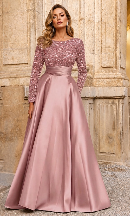 long sleeve formal evening party dress product info and reviews A-Line Court Train Floor Length Gown Ball Gown Elegant Sparkle & Shine High Neck Evening Christmas Fall Wedding Guest Satin Sequined with Sequin 2026 size_XXL