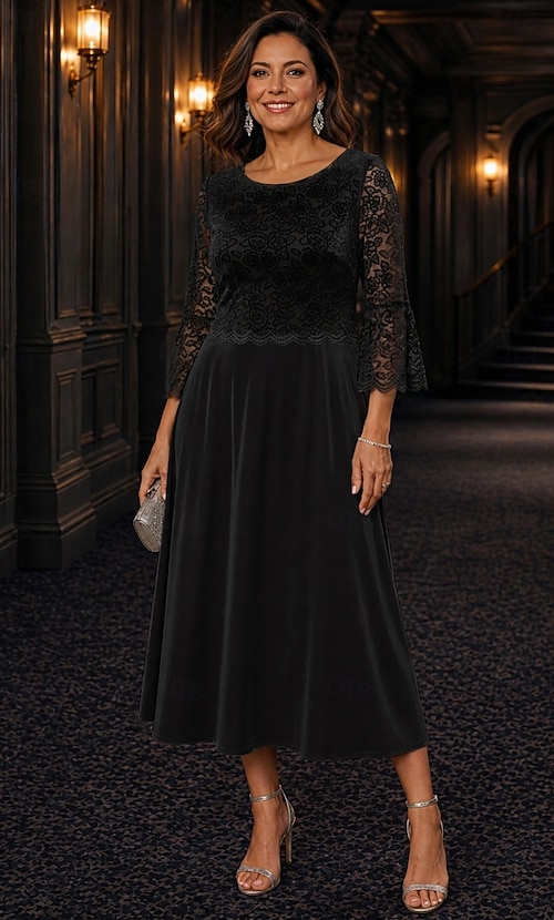 black velvet mother of the bride dresses A-Line Tea Length Dress 3/4 Length Sleeve Scoop Neck Elegant Vintage Simple Formal Wedding Guest Wedding Party with Lace Appliques 2026 Black and Ivory Striped AW Bessie Dress cascades Color:Black and Royal Blue BODY LENGTH:90CM