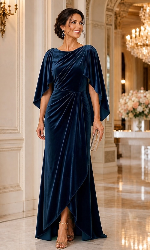 mother of the bride dress for semi formal wedding Sheath Column Floor Length Half Sleeve Scoop Neck Elegant Simple Luxurious Guest Formal Velvet Shawls Spring fashion