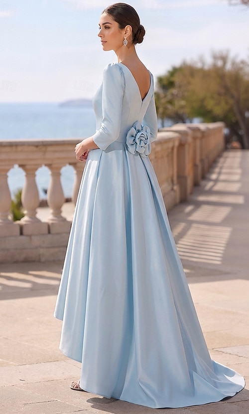 ankle length formal dresses A-Line Asymmetrical A Line Dress Cocktail Dresses Elegant Vintage Long Sleeve V Neck Wedding Formal Satin with Pocket 2026 spring wedding bridesmaid dress