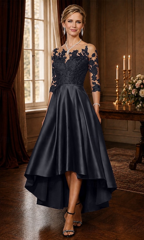 A-Line Asymmetrical Tea Length Party Dress Cocktail Dress Wedding Guest Dress Mother of the Bride Dress 3/4 Length Sleeve Scoop Neck Elegant High Low Wedding Guest Birthday Satin Lace with Pleats 2026