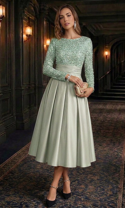 A-Line Tea Length Cocktail Dresses Party Dresses Elegant Sparkle Long Sleeve Crew Neck Christmas Wedding Guest Satin Velvet with Pleats Sequin 2026