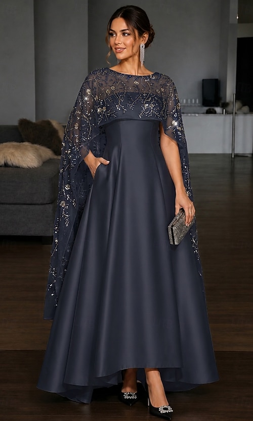 empire waist high low dress A-Line High-low Floor Length Evening Gown Elegant Sparkle Evening Half Sleeve Scoop Neck Cocktail Wedding Satin with Lace Glitter Beaded 2026 Button Down