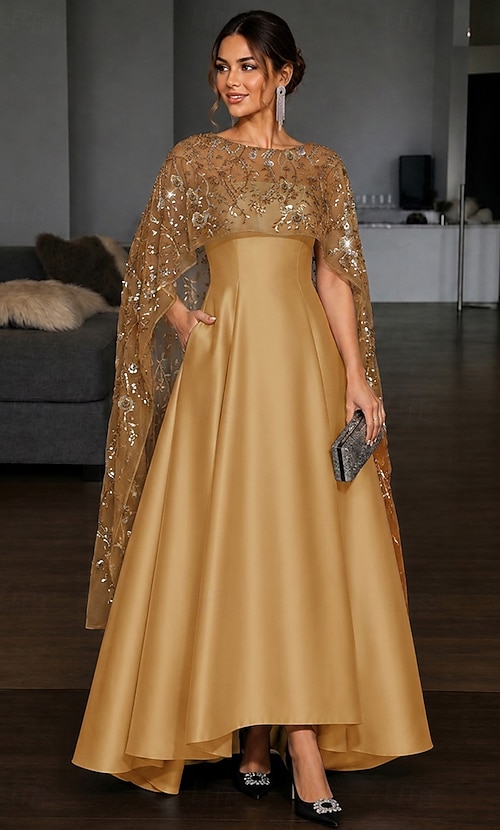 A-Line High-low Dress Floor Length Evening Gown Elegant Sparkle Empire Waist Evening Half Sleeve Scoop Neck Cocktail Wedding Satin with Lace Glitter Beaded 2026