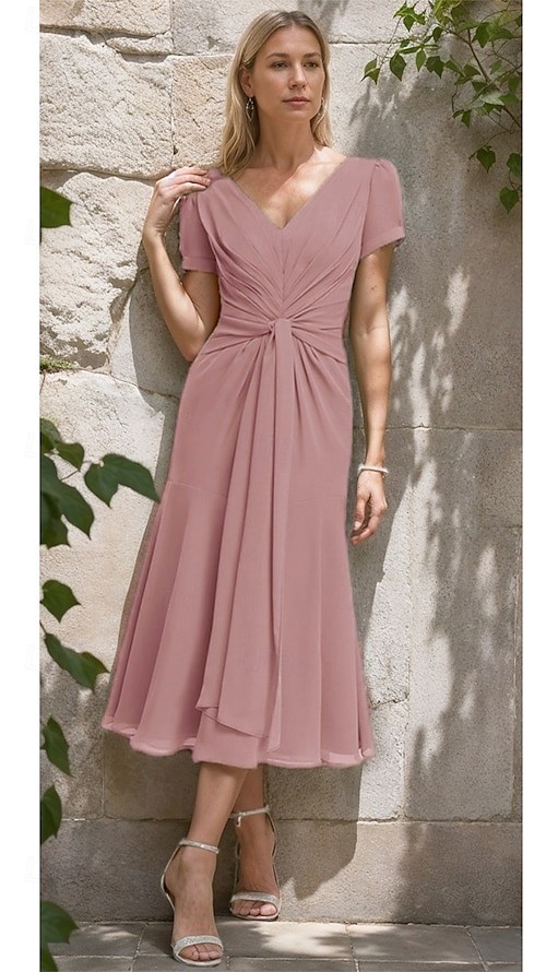 chinese dress ladies A-Line Mother of the Bride Dress Elegant V Neck Tea Length Chiffon Lac – BL  Dress