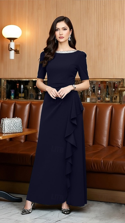 boat neck dress formal Berylove Women Black and White A-Line Work Dress Semi Formal Dress With 3/4 Sleeves, Black and White / US26W