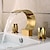 cheap Multi Holes-Bathroom Sink Faucet,Elegant Double Handle Arc Waterfall Spout Bathtub Filler Faucet with Three Holes Widespread Bathroom Faucet Gold/Matte Black