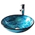 cheap Vessel Sinks-Blue Round Chrome Tempered Glass Glass Basin with Straight Tube Faucet, Basin Support and Drain
