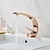abordables Clásico-Grifo de latón para lavabo de baño, juego central con forma de curva de oro rosa, juego de grifo de un solo orificio con agua fría y caliente