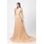 cheap Prom Dresses-A-Line Luxurious Sparkle Engagement Formal Evening Dress V Neck 3/4 Length Sleeve Court Train Tulle with Pearls Sequin 2020