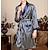 cheap Men&#039;s Robes-Men&#039;s Plus Size Pajamas Robe Silk Robe Robes Gown Striped Robes Daily Spa Faux Silk Satin Lightweight Deep V Stripe Belt Included Fall Spring &amp; Summer Champagne Blue