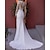 cheap Wedding Dresses-Beach Formal Wedding Dresses Sheath / Column V Neck Long Sleeve Court Train Lace Bridal Gowns With Appliques Split Front 2024
