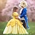 olcso Ruhák-gyerekek lányok szépsége és a szörnyeteg Belle hercegnő jelmez ruha rajzfilm réteges barázdált csipke sárga maxi rövid ujjú aranyos ruhák normál szabás