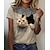 cheap Women&#039;s T-shirts-Women&#039;s T shirt Tee Pearl Black White Graphic Cat Print Short Sleeve Daily Weekend Vintage Round Neck Regular 3D Cat Painting S