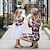 cheap Dresses and Jumpsuits-Mommy and Me Dresses Color Block Print Yellow Red Khaki Long Sleeve Above Knee Mommy And Me Outfits Daily Matching Outfits