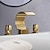 abordables Agujeros múltiples-Grifo para lavabo de baño, elegante grifo de llenado de bañera con caño de cascada de arco de doble manija con tres orificios grifo de baño generalizado dorado/negro mate