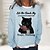 cheap Women&#039;s Hoodies &amp; Sweatshirts-Women&#039;s Shirt Green Black Blue Cat Print Long Sleeve Casual Sports Basic Round Neck Regular 3D Cat S
