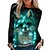 cheap Hoodies &amp; Sweatshirts-Women&#039;s T shirt Tee Pink Blue Orange Print Cat Dog Daily Weekend Long Sleeve Round Neck Basic Regular 3D Cat Painting S