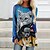 cheap Blouses &amp; Shirts-Women&#039;s T shirt Dress Black White Blue Print Cat Casual Daily Long Sleeve Round Neck Basic Boho Long S