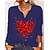 cheap Hoodies &amp; Sweatshirts-Women&#039;s T shirt Tee Black Blue Green Button Print Heart Valentine Weekend Long Sleeve V Neck Basic Regular Painting S