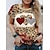 저렴한 기본 티 &amp;티셔츠-여성용 T 셔츠 옐로우 프린트 레오파드 심장 일상 주말 짧은 소매 라운드 넥 베이직 보통 페인팅 S