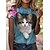 cheap Tees &amp; Tank Tops-Women&#039;s T shirt Tee Blue Floral Cat Print Short Sleeve Daily Weekend Basic Round Neck Regular Floral 3D Cat Painting S