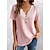 저렴한 기본 티 &amp;티셔츠-여성용 T 셔츠 블러슁 핑크 단추 레이스 트림 플레인 일상 주말 짧은 소매 V 넥 베이직 보통 S