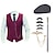 cheap Historical &amp; Vintage Costumes-Mens 1920s Gangster Outfit Vest with Accessories Set 5 Pcs Retro Vintage Roaring 20s Theme Party Cosplay Costume Panama Hat Beard Brooch Cane