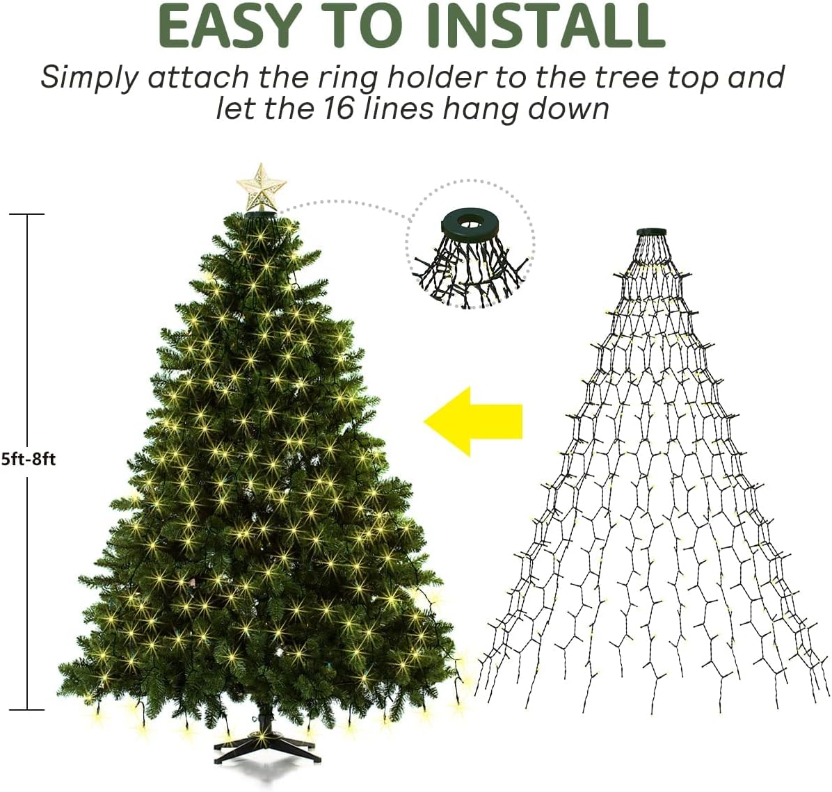 abordables Lumières de Noël-guirlande lumineuse led sapin de Noël avec anneau 400led guirlandes lumineuses pour sapin de Noël avec 16 brins guirlande lumineuse pour sapin de Noël de 2 m guirlande lumineuse pour arbre de 150 cm à