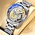 baratos Relógios Quartz-Relógio masculino oco de luxo, relógio automático de quartzo, esqueleto, vintage, luminoso, à prova d&#039;água, couro, aço inoxidável, relógio masculino, presente