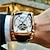 זול שעונים מכאניים-גברים שעון מכני יצירתי אופנתי עסקים שעון יד אוטומטי נמתח לבד תצוגת שלב הירח זורח עמיד במים עור שעון
