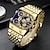 abordables Relojes de Cuarzo-3 unids/set de pulseras doradas de lujo de hip hop, reloj de cuarzo para hombre, esfera grande deportiva de acero inoxidable con calendario, reloj de pulsera, juego de regalo para papá