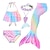 tanie Stroje kąpielowe-dziecięce pięcioczęściowe stroje kąpielowe dla dziewczynek plażowe tęczowe śliczne jednopłetwe kostiumy kąpielowe 3-10 lat letnie fioletowe