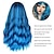 abordables Pelucas para disfraz-Peluca azul con flequillo, peluca azul larga ondulada con flequillo de aire, pelucas sintéticas para mujeres, pelucas rizadas para fiesta diaria, cosplay de 24 pulgadas