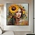 abordables Peintures portraits-Peint à la main rétro profil femme avec tournesol toile peinture florale femme œuvre abstraite figure féminine décoration murale pas de cadre